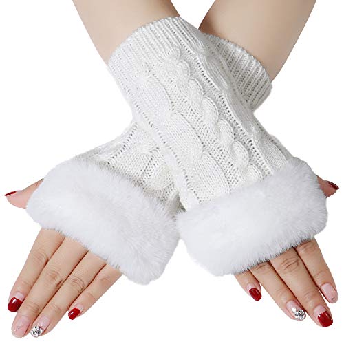 Bienvenu Fingerlose Handschuhe für Damen, Armstulpen mit Kunstpelz, Winter Fingerlose Fäustlinge, Weiß, Einheitsgröße von Bienvenu