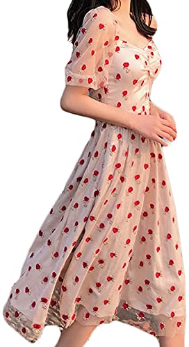 Bienwwow Damen Swing Kleid Erdbeere Bestickt Kurzarm Plissee Freizeitkleid, rose, Small von Bienwwow