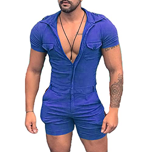 Bienwwow Herren Kurzarm Onesies Kurzer Overall Strampler Einteiler Reißverschluss Overalls, blau, XXXXX-Large von Bienwwow