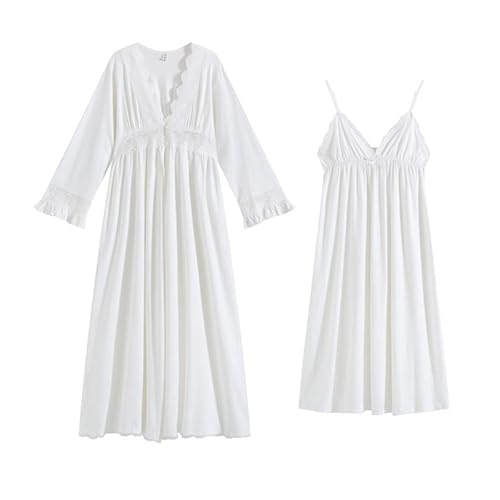 Bienwwow Zweiteiliges Prinzessin Viktorianisches Nachthemd Damen 100% Baumwolle V-Ausschnitt Spitze Nachthemden Nachtwäsche-Sets Pyjamas Set Palaststil Morgenmantel + Spaghettiträger Nachthemd Langes von Bienwwow