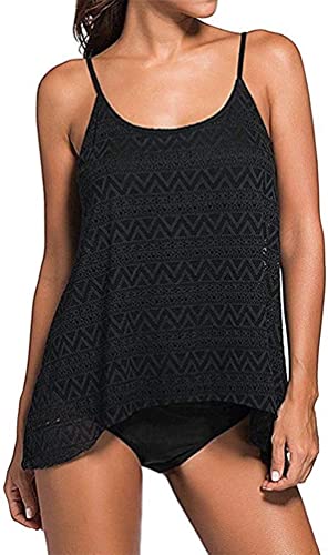 Einfarbiger Netz-Badeanzug mit hoher Taille, 2-teiliges Tankini-Set, Bikini, Bademode, Badeanzug, Übergröße (schwarz, 3XL, 3XL), Schwarz , 50 von Bienwwow