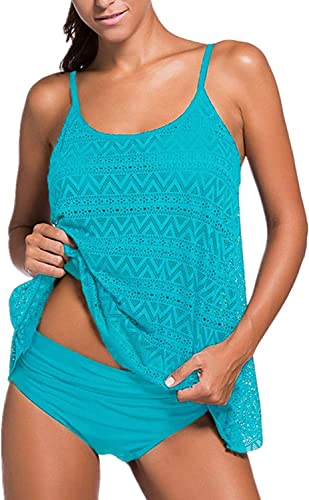 Einfarbiger Netz-Badeanzug mit hoher Taille, 2-teiliges Tankini-Set, Bikini, Bademode, Badeanzug, Übergröße (schwarz, 3XL, 3XL), blau, 50 von Bienwwow