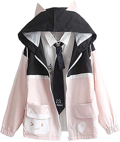 Mädchen niedlicher Druck Lose Langarm Reißverschluss Mäntel Kawaii Jacken Niedliche Katze Tasche Farblich Passender Hoodie Japanische Tops für Frauen, Schwarz, 42 von Bienwwow