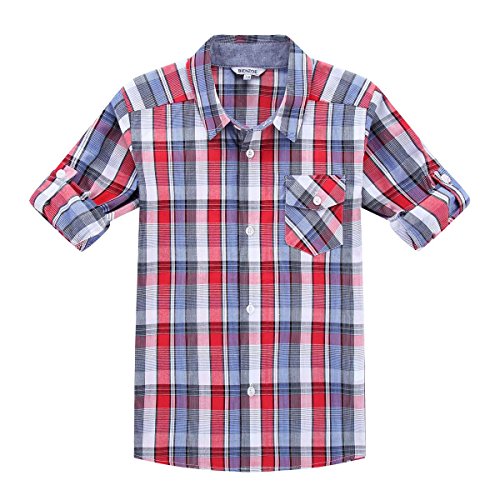 BIENZOE Jungen Baumwolle Plaid Knopf Unten Hemd Rot Blau Größe 5/6 von BIENZOE
