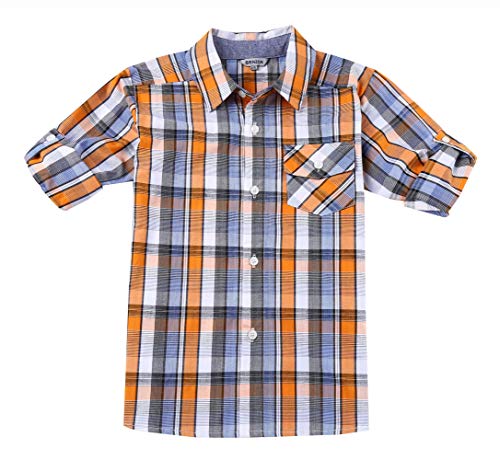 BIENZOE Jungen Baumwolle Plaid Aufrollen Hemd Orange/Marine Größe 3/4 von BIENZOE