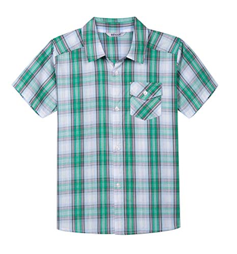 BIENZOE Jungen Baumwolle Plaid Knopf Sport Kurz Ärmel Hemd Grün Grau 5/6 von BIENZOE