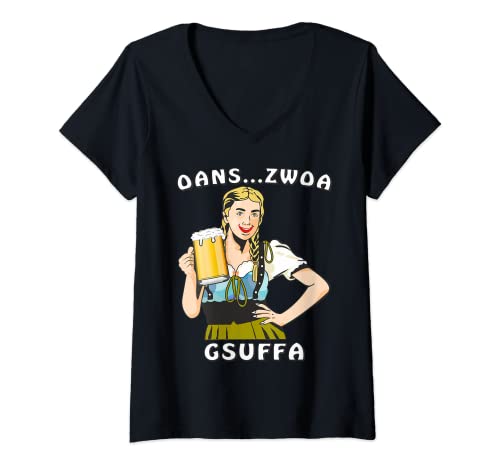 Damen FRAU BIER OANS ZWOA GSUFFA Bierglas Biertrinker Bier T-Shirt mit V-Ausschnitt Damen FRAU BIER OANS ZWOA GSUFFA Bierglas Biertrinker Bier T-Shirt mit V-Ausschnitt von Bier Bierglas Biertrinker Trinken Saufen