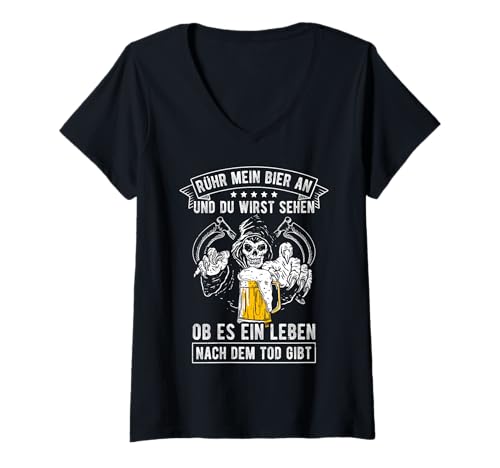 Damen RÜHR MEIN Bier AN UND DU WIRST SEHEN OB Bier Skelett T-Shirt mit V-Ausschnitt von Bier Skelett Outfit
