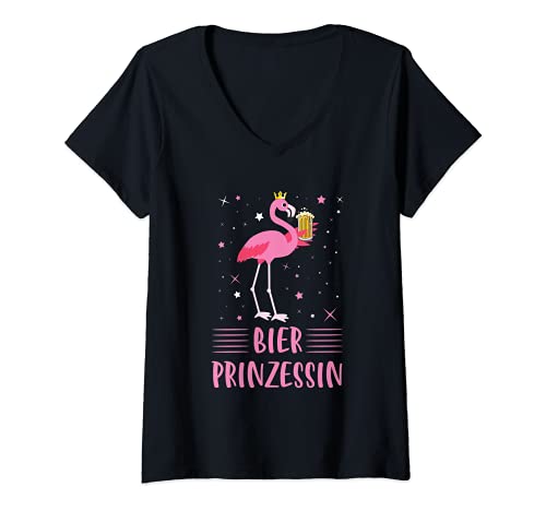 Damen Bierprinzessin Saufen Flamingo Party Lustiges Bier Spruch T-Shirt mit V-Ausschnitt von Bierprinzessin Flamingo Bier Geschenke Zum Feiern