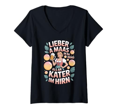 Damen Lieber A Maas In Da Hand Als An Kater Im Hirn T-Shirt mit V-Ausschnitt von Biertrinken Tracht Traditionell Spaß