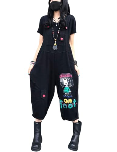 Bifscebn Damen Beiläufig Bedruckte Latzhose Denim Baggy Overalls Style 2 Black von Bifscebn