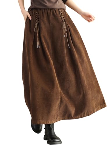 Bifscebn Damen Elastische Taille A-Linie Lange Cordröcke Caramel M von Bifscebn