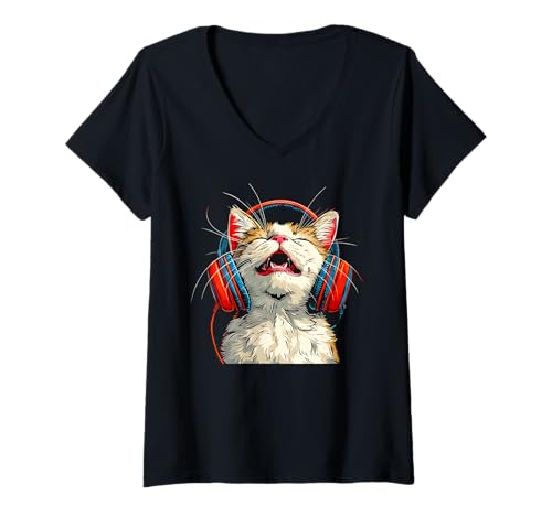 Damen Lustige vibierende Katze hört Musik T-Shirt mit V-Ausschnitt Damen Lustige vibierende Katze hört Musik T-Shirt mit V-Ausschnitt von Big Belly Ballet Kitty Cat Wearing a Tutu.
