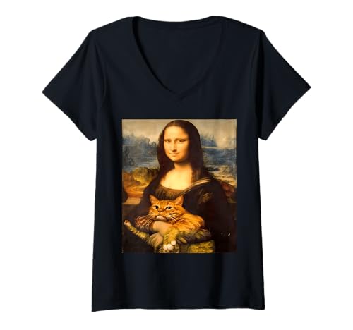 Damen Mona Catslisa, Leonardo da Vincis Mona Lisa ist jetzt Besser geworden T-Shirt mit V-Ausschnitt von Big Belly Ballet Kitty Cat Wearing a Tutu.