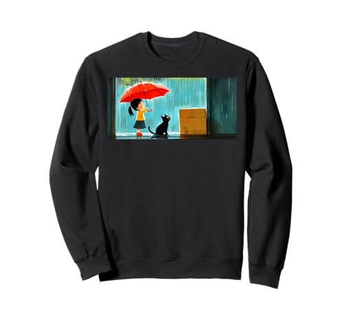 Kleines Mädchen und ihre schwarze Katze im Regen. Sweatshirt von Big Belly Ballet Kitty Cat Wearing a Tutu.