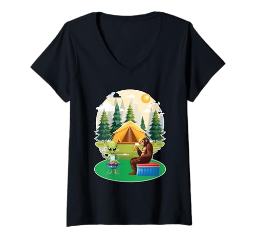 Damen Lustiger Bigfoot Saquatch Alien UFO Grillen Camping Trinken T-Shirt mit V-Ausschnitt Damen Lustiger Bigfoot Saquatch Alien UFO Grillen Camping Trinken T-Shirt mit V-Ausschnitt von Big Bigfoot UFO Crew