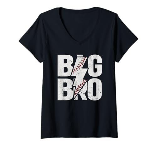 Damen Lightning Bolt Big Bro Ankündigung Baseball T-Shirt mit V-Ausschnitt von Big Bro Baseball Sports Apparel