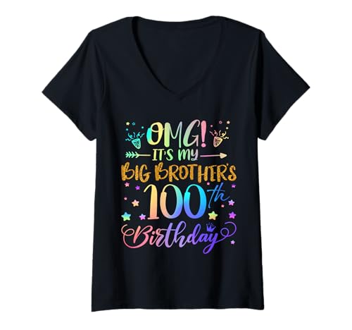 Damen OMG Es ist der 100. Geburtstag meines großen Bruders Sweet 100 Jahre alt T-Shirt mit V-Ausschnitt von Big Brother 100th Bday Tie Dye Brother Sister