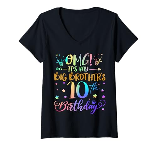 Damen OMG Es ist der 10. Geburtstag meines großen Bruders Sweet 10 Jahre alt T-Shirt mit V-Ausschnitt von Big Brother 10th Bday Tie Dye Brother Sister