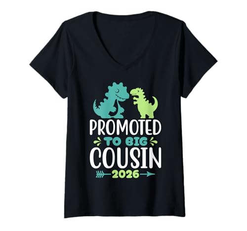Damen Promoted to Big Cousin 2026 Funny Dinosaur New Baby Shower T-Shirt mit V-Ausschnitt Damen Promoted to Big Cousin 2026 Funny Dinosaur New Baby Shower T-Shirt mit V-Ausschnitt von Big Cousin 2026 Apparel