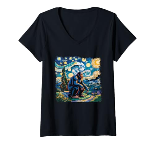 Damen Big Foot Sternennacht Van Gogh Malerei Kunst Sasquatch T-Shirt mit V-Ausschnitt Damen Big Foot Sternennacht Van Gogh Malerei Kunst Sasquatch T-Shirt mit V-Ausschnitt von Big Foot Starry Night Painting Van Gogh Vincent