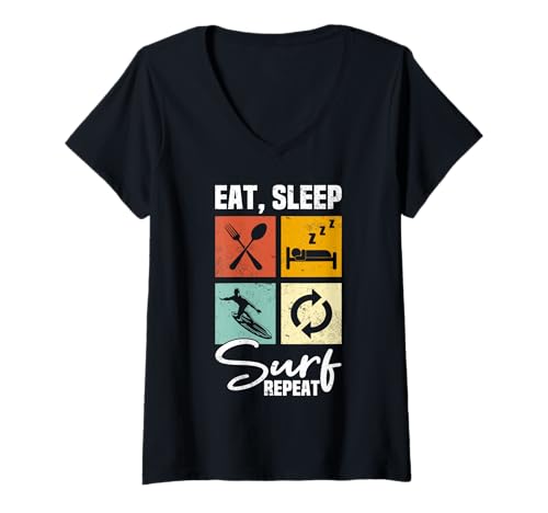 Damen Big Wave Surfen Eat Sleep Surf Repeat Surfer T-Shirt mit V-Ausschnitt Damen Big Wave Surfen Eat Sleep Surf Repeat Surfer T-Shirt mit V-Ausschnitt von Big Wave Surfing Surfboard Designs for Surfer