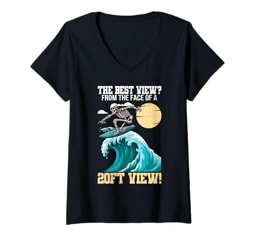 Damen Big Wave Surfing Skeleto 6.1 m View Best View Surfer T-Shirt mit V-Ausschnitt Damen Big Wave Surfing Skeleto 6.1 m View Best View Surfer T-Shirt mit V-Ausschnitt von Big Wave Surfing Surfboard Designs for Surfer