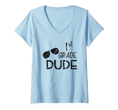 Damen 1st Grade Dude Cool Sonnenbrille Vintage Back to School T-Shirt mit V-Ausschnitt Damen 1st Grade Dude Cool Sonnenbrille Vintage Back to School T-Shirt mit V-Ausschnitt von Big Yellow School Bus Academy