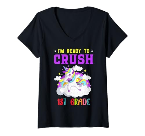 Damen Bereit, die 1. Klasse zu zerquetschen, EIN Einhorn-Mädchen T-Shirt mit V-Ausschnitt Damen Bereit, die 1. Klasse zu zerquetschen, EIN Einhorn-Mädchen T-Shirt mit V-Ausschnitt von Big Yellow School Bus Academy