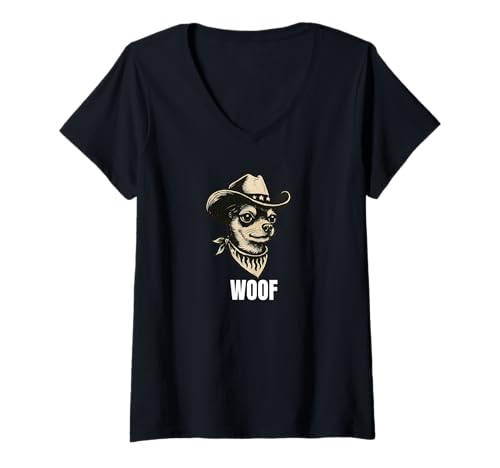 Damen Woof Chihuahua Cowboy Tough Dog Lover Tees and More T-Shirt mit V-Ausschnitt Damen Woof Chihuahua Cowboy Tough Dog Lover Tees and More T-Shirt mit V-Ausschnitt von Big dog tee co.