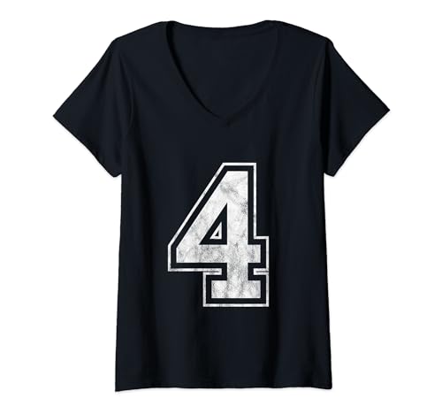 Damen Nummer 4 T-Shirt mit V-Ausschnitt von Big numbers, large varsity style number gifts