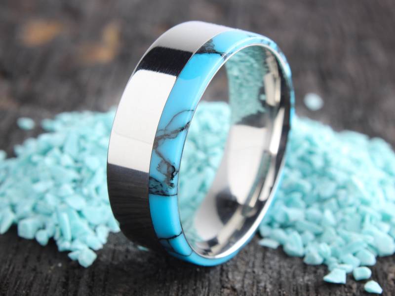 Ehering Türkis-Inlay Edelstahl Comfort Fit Ring von BigBlueBarnShop