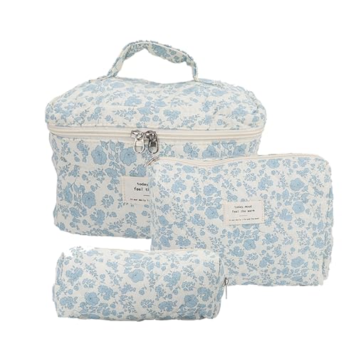 3-teiliges Make-up- und Kulturbeutel-Set, Kosmetiktaschen für Damen, tragbare Baumwoll-Reise-Organizer-Tasche mit Reißverschluss, blau, Modern von BigKing