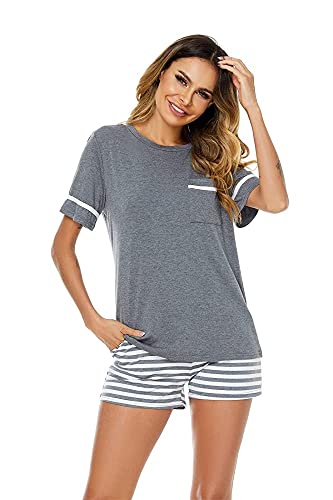BigKing Kurzarm Gestreifter Pyjama, Niedlicher Gestreifter Damen Pyjama, Geteilte Heimkleidung für Familien Freizeitreisen (as3, Alpha, m, Regular, Regular, Grau) von BigKing