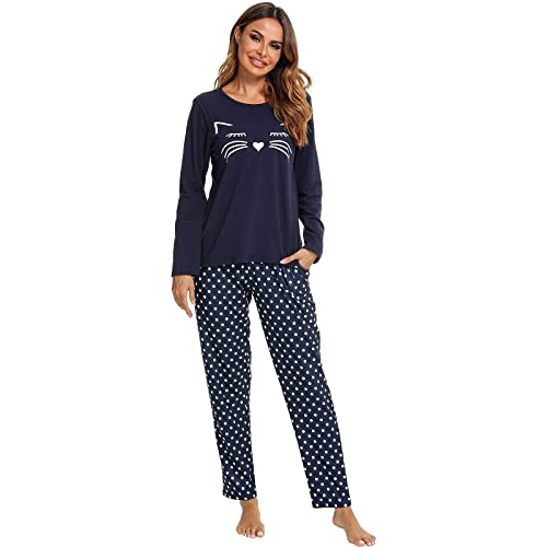 BigKing Langärmelige Katze gemusterte Pyjamas, niedliche Gepunktete Katze Pyjamas für Frauen (as3, Alpha, s, Regular, Regular, Blau) von BigKing