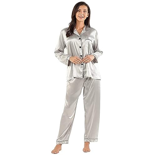 BigKing Damen-Schlafanzug aus Satin, langärmelig, mit Knopfleiste, Nachtwäsche, V-Ausschnitt, zweiteilig, einfarbig von BigKing