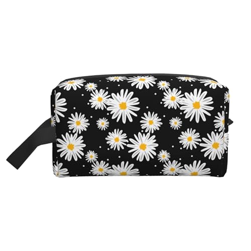 Große Kosmetiktasche mit Gänseblümchen-Motiv, Reise-Make-up-Tasche, Kulturbeutel, Organizer für Damen und Mädchen, Schwarz , Klassisch von BigOtters