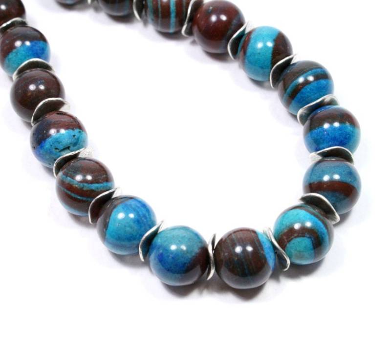 Blau Gebänderte Jaspis Halskette - Braun Edelstein Schmuck Perlen Brauner Bunte von BigSkiesJewellery