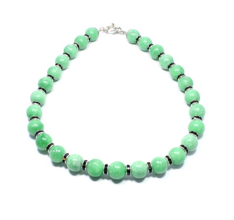 Grün Schwarze Edelstein Halskette, Grüner Stein Schmuck, Quarz, Schwarzer Strass, Minimalistisch, Perlen, Knebelverschluss von BigSkiesJewellery