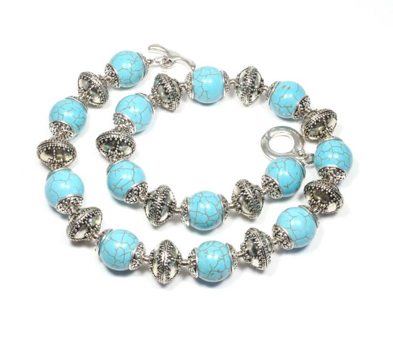 Türkis Perlen Halskette - Schmuck Statement Chunky Und Silber Edelstein von BigSkiesJewellery