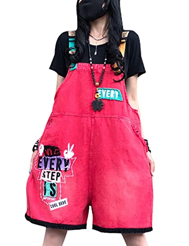 Bigasset Damen Casual Verstellbare Träger Jumpsuits Denim Latzhose Shorts Strampler mit Taschen, Style 4 Rot, Einheitsgröße von Bigasset