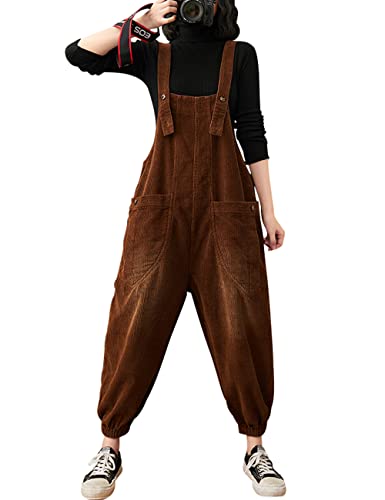 Bigassets Damen Cord Latzhose Beiläufig Baggy Jumpsuits mit Taschen Coffee L von Bigassets