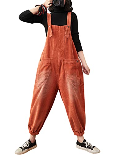 Bigassets Damen Cord Latzhose Beiläufig Baggy Jumpsuits mit Taschen Orange XL von Bigassets