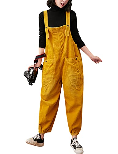 Bigassets Damen Cord Latzhose Beiläufig Baggy Jumpsuits mit Taschen Yellow S von Bigassets