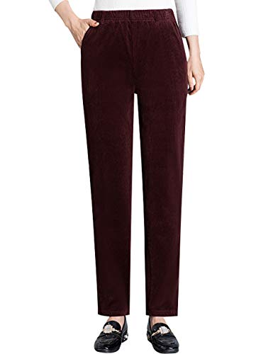 Bigassets Damen Elastische Taille Gerade Hose Cordhose Burgundy L von Bigassets