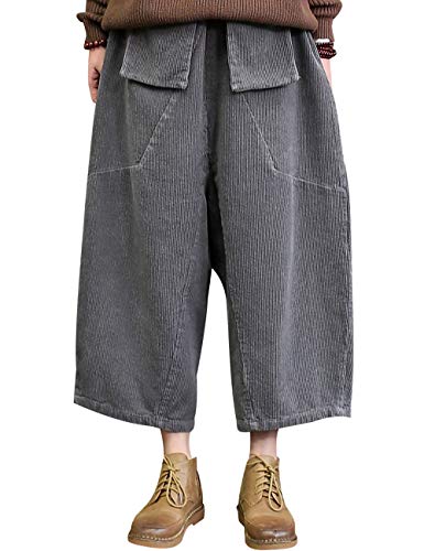 Bigassets Damen Elastische Taille Hose mit weitem Bein Baumwolle Cordhose Grey M von Bigassets