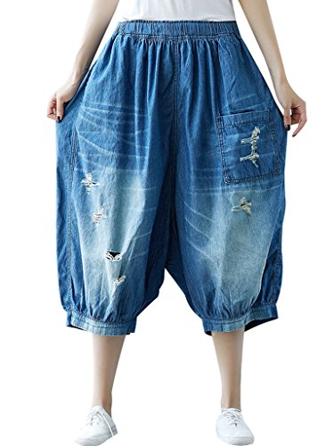 Bigassets Damen Elastische Taille Jeans Hose mit weitem Bein Denim Hose Lantern Hosen Style 1 von Bigassets