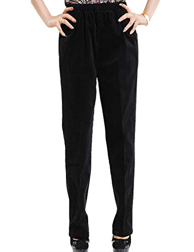 Bigassets Damen Hoch tailliert Baumwolle Cordhose Hose mit geradem Bein Black L von Bigassets