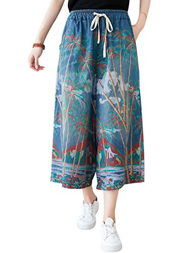 Bigassets Damen Kordelzug Taille Drucken Jeans Hose mit weitem Bein Style 1 Blue von Bigassets
