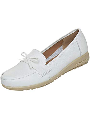 Bigassets Damen Leder Flacher Loafer Beiläufig Mokassins Niedrige Keilabsatz Arbeitsschuhe White EU 34 von Bigassets